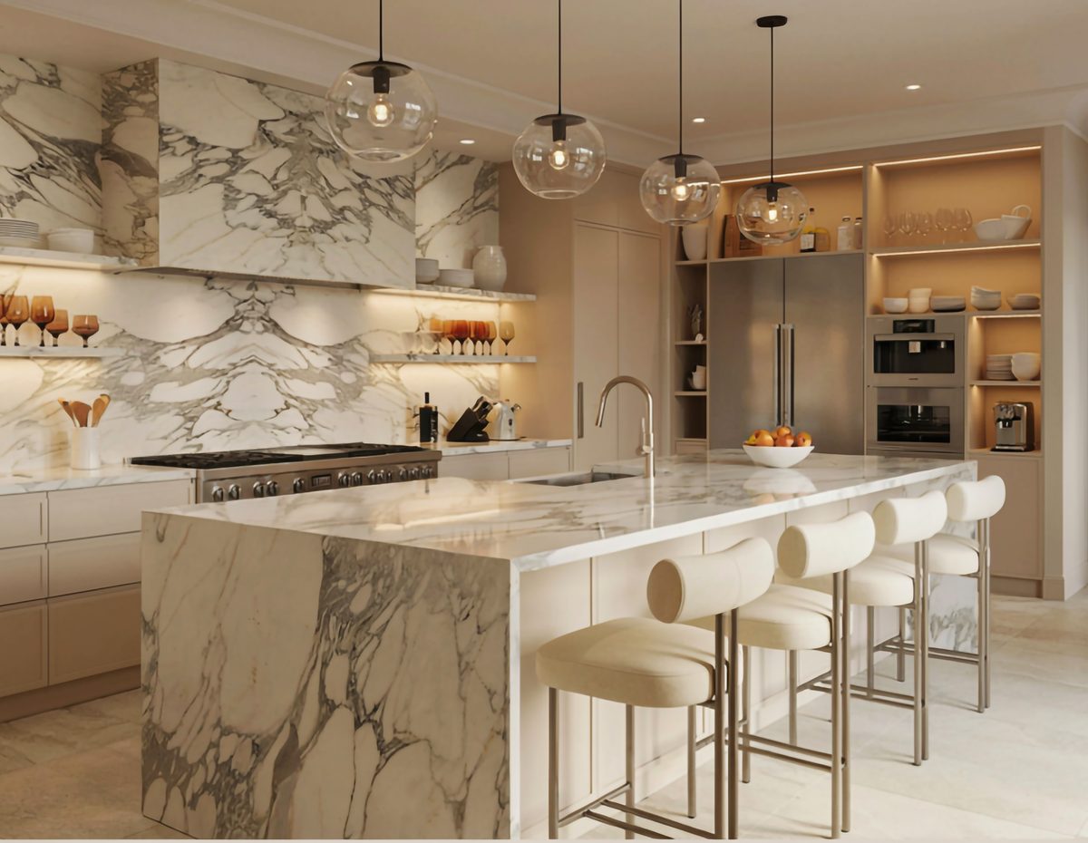 Designer reviewing kitchen plans in showroom