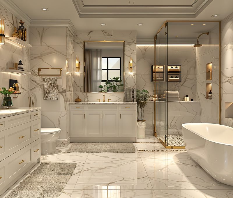 Fitted bathroom with freestanding bath