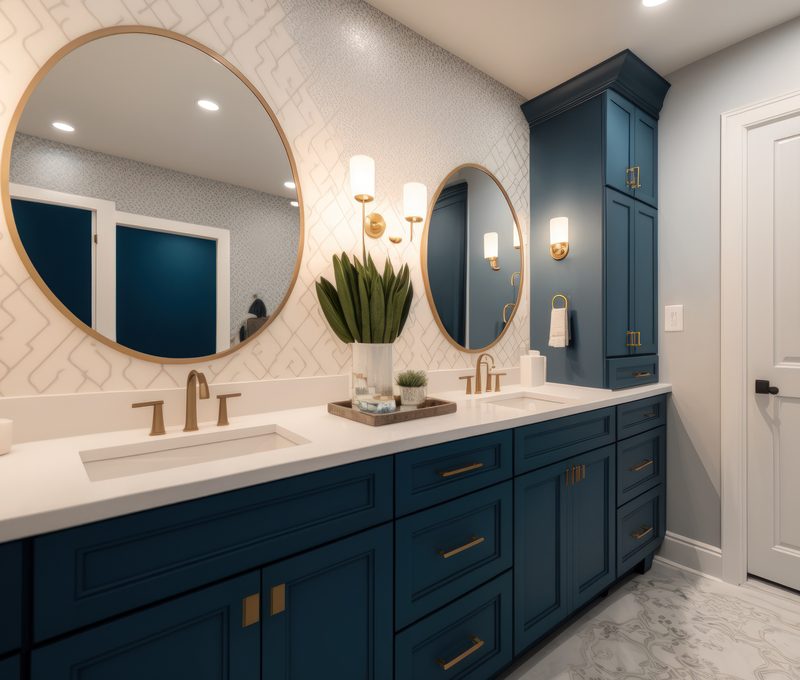 Fitted bathroom with dark tiling